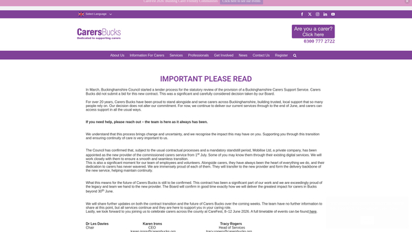 Screenshot of the Carers Trust Bucks And Milton Keynes website