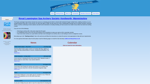 Screenshot of the The Royal Leamington Spa Archery Society website