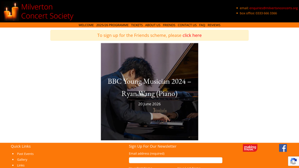 Screenshot of the The Milverton Concert Society website