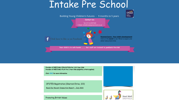 Screenshot of the Intake Pre-School website