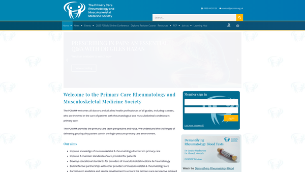 Screenshot of the Primary Care Rheumatology and Musculoskeletal Medicine Society website
