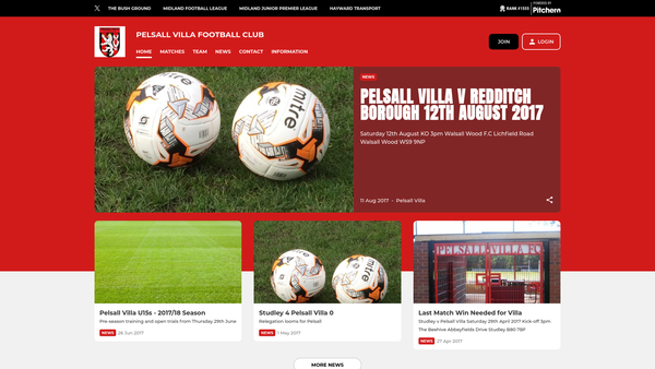 Screenshot of the Pelsall Villa Football Club website