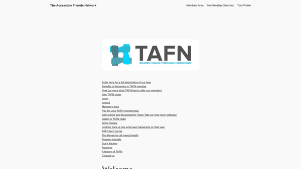 Screenshot of the Accessible Friends Network (Tafn) website