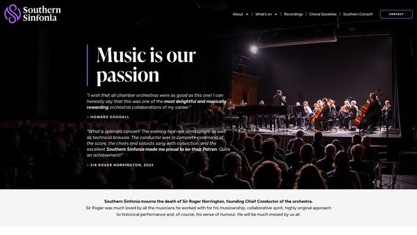 Screenshot of the Southern Sinfonia website