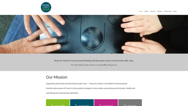 Screenshot of the Music For Good website