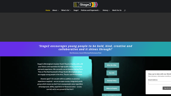 Screenshot of the Stage 2 Youth Theatre Company website