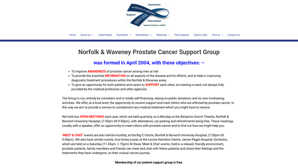 Screenshot of the Norfolk & Waveney Prostate Cancer Support Group website