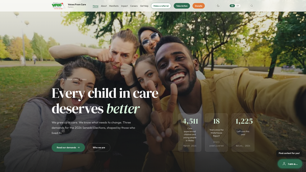 Screenshot of the Voices From Care Cymru website