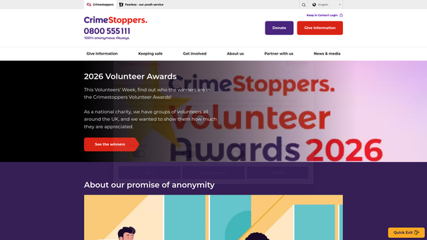 Screenshot of the Crimestoppers Trust website