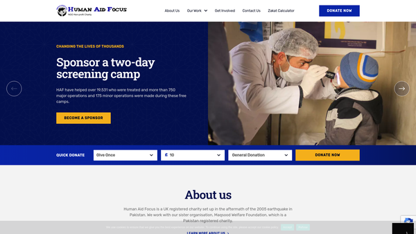 Screenshot of the Human Aid Focus website