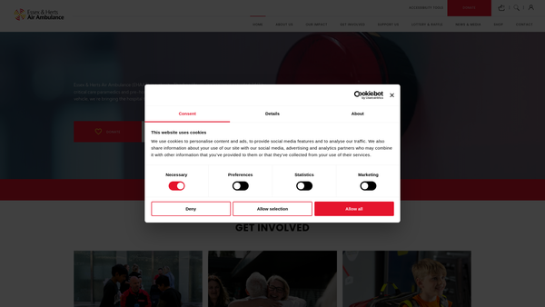 Screenshot of the Essex & Herts Air Ambulance Trust website