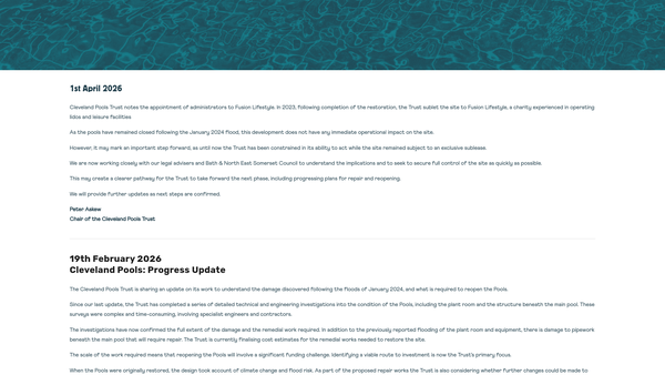 Screenshot of the Cleveland Pools Trust website