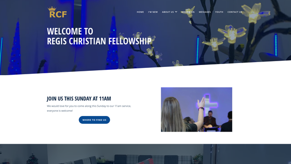 Screenshot of the Regis Christian Fellowship website