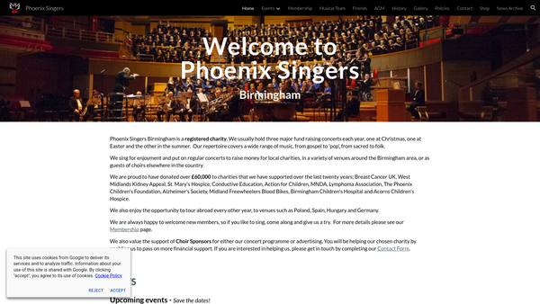 Screenshot of the Phoenix Singers Birmingham website