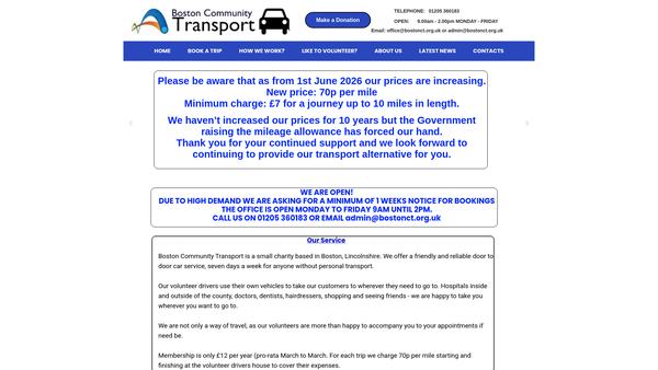 Screenshot of the Boston Community Transport website