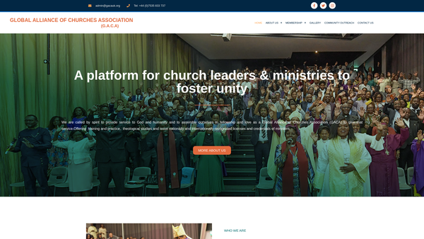 Screenshot of the Global Alliance Of Churches Association (Gaca) website