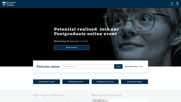 Screenshot of the Birmingham Newman University website