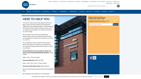 Screenshot of the St Helens District Citizens Advice Bureau website