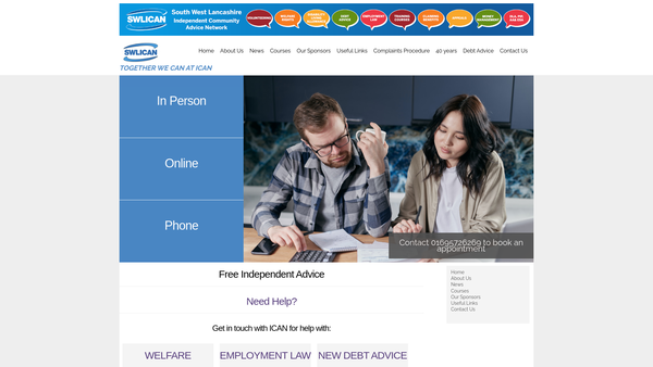 Screenshot of the South West Lancashire Independent Community Advice Network Ltd website