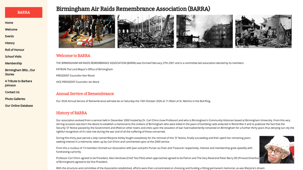 Screenshot of the The Birmingham Air Raids Remembrance Association website