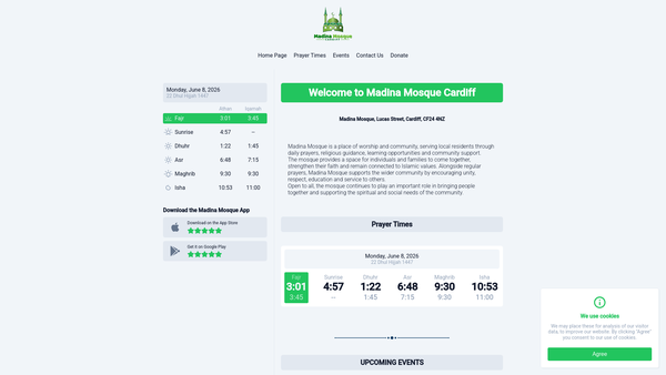 Screenshot of the Madina Mosque And Community Centre website