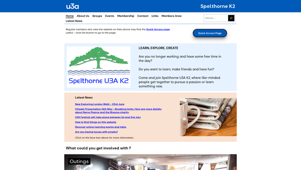 Screenshot of the Spelthorne U3A K2 website
