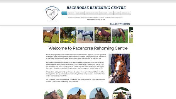 Screenshot of the Racehorse Rehoming Centre website