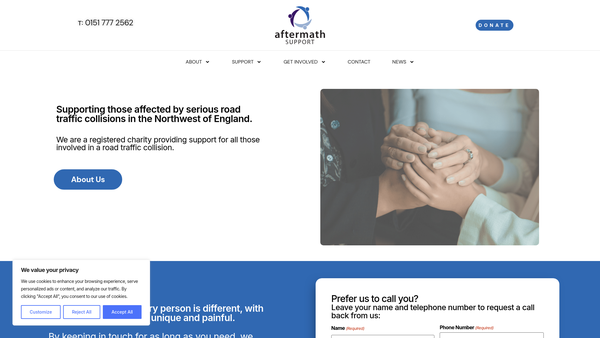 Screenshot of the Aftermath Support Limited website