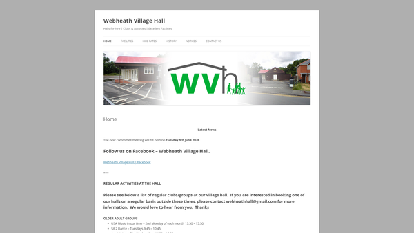 Screenshot of the Webheath Village Hall website