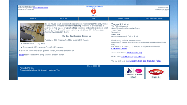 Screenshot of the The Cardiac Exercise Club website