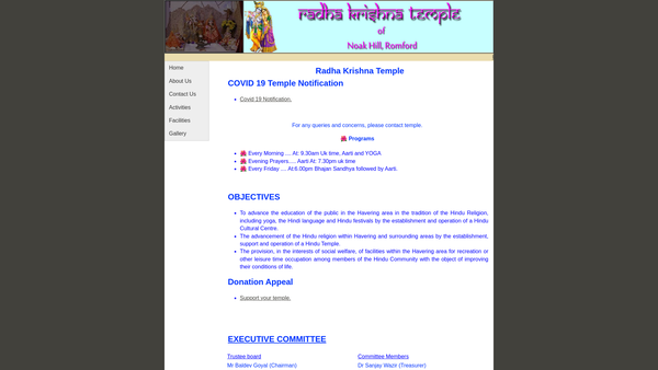 Screenshot of the Hindu Welfare Association Of Essex website