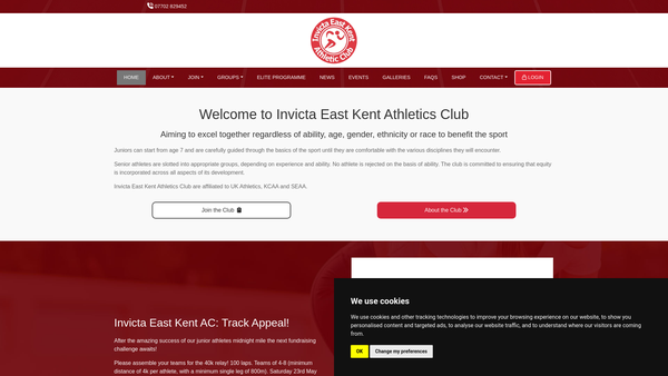 Screenshot of the Invicta East Kent Athletic Club website