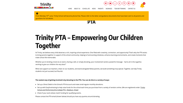 Screenshot of the Trinity School And Performing Arts College PTA website