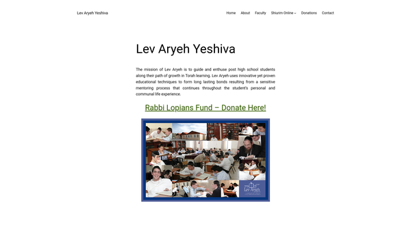 Screenshot of the Friends Of Lev Aryeh Yeshiva website