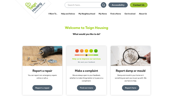 Screenshot of the Teign Housing website