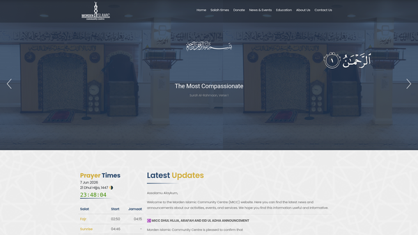 Screenshot of the Morden Islamic Centre website
