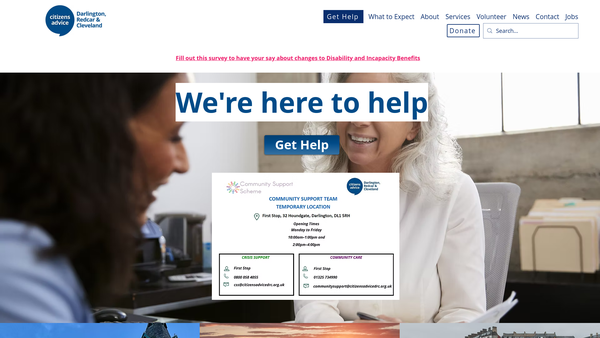 Screenshot of the Citizens Advice Darlington, Redcar and Cleveland website