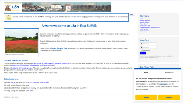 Screenshot of the University Of The Third Age In East Suffolk website