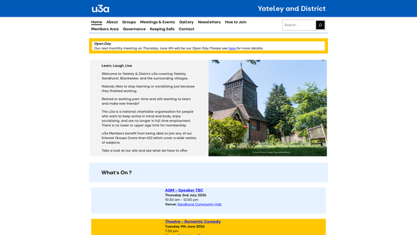 Screenshot of the The Yateley And District U3A website