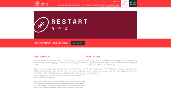 Screenshot of the Restart Rugby website