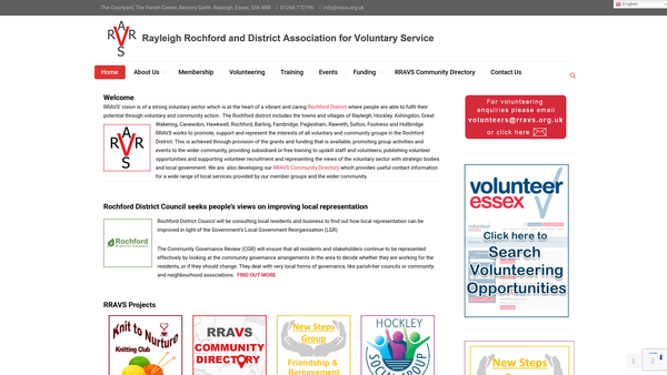 Screenshot of the Rayleigh Rochford And District Association For Voluntary Service website