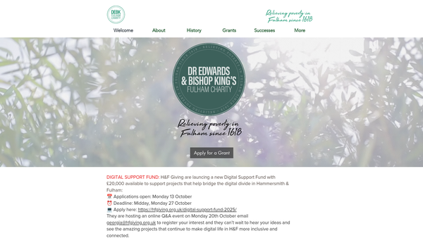 Screenshot of the Dr Edwards And Bishop King's Fulham Charity website