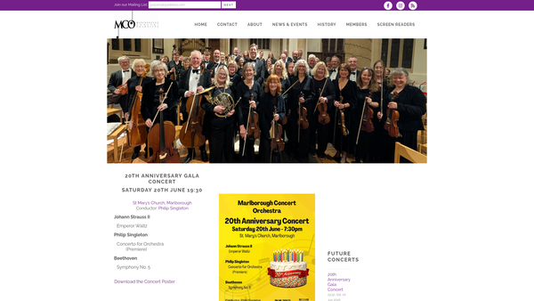 Screenshot of the The Marlborough Concert Orchestra website