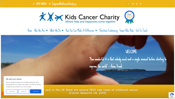 Screenshot of the Kids Cancer Charity website