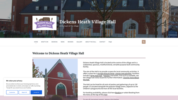 Screenshot of the Dickens Heath Village Hall Limited website