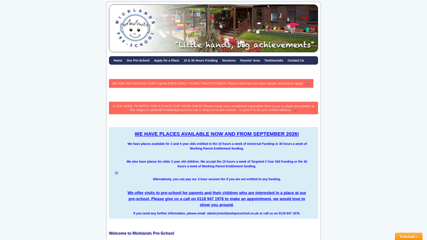 Screenshot of the Micklands Pre-School website