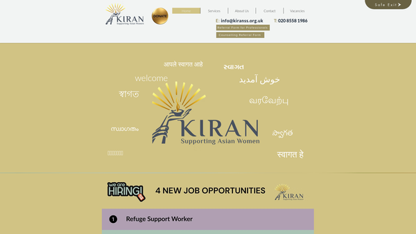 Screenshot of the Kiran Support Services website
