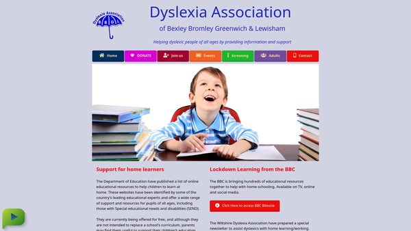 Screenshot of the Dyslexia Association Of Bexley, Bromley, Greenwich And Lewisham website