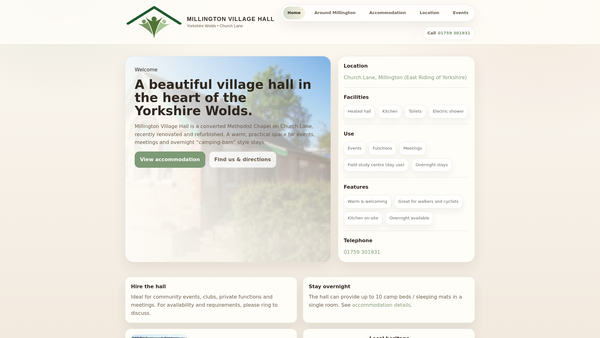 Screenshot of the Millington Village Hall website