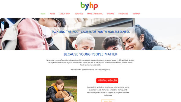 Screenshot of the Byhp (Tackling The Root Causes Of Youth Homelessness) website